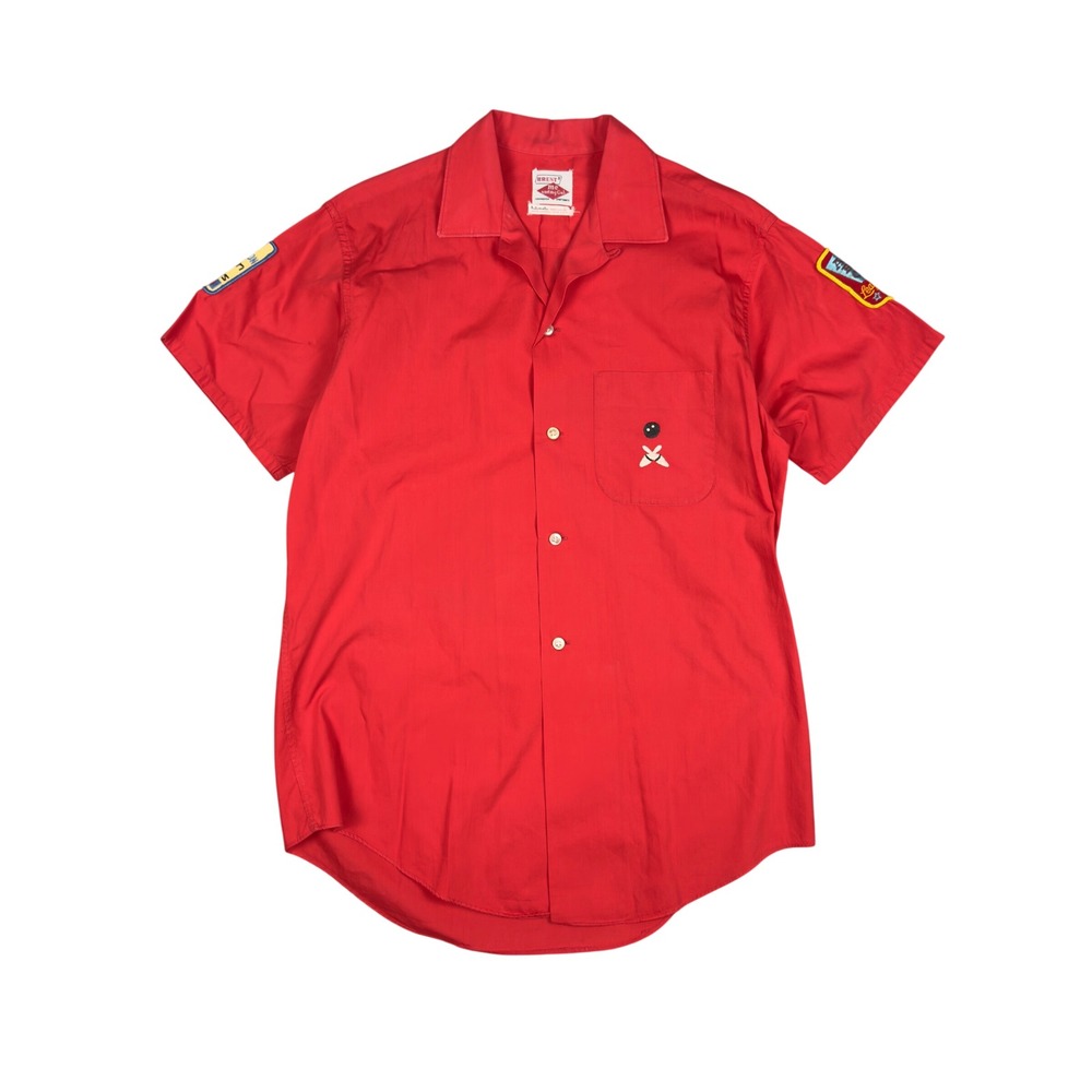 Vtg Brent Bowling Shirt Mens M Red Loop Collar ABC League Patches 60s USA